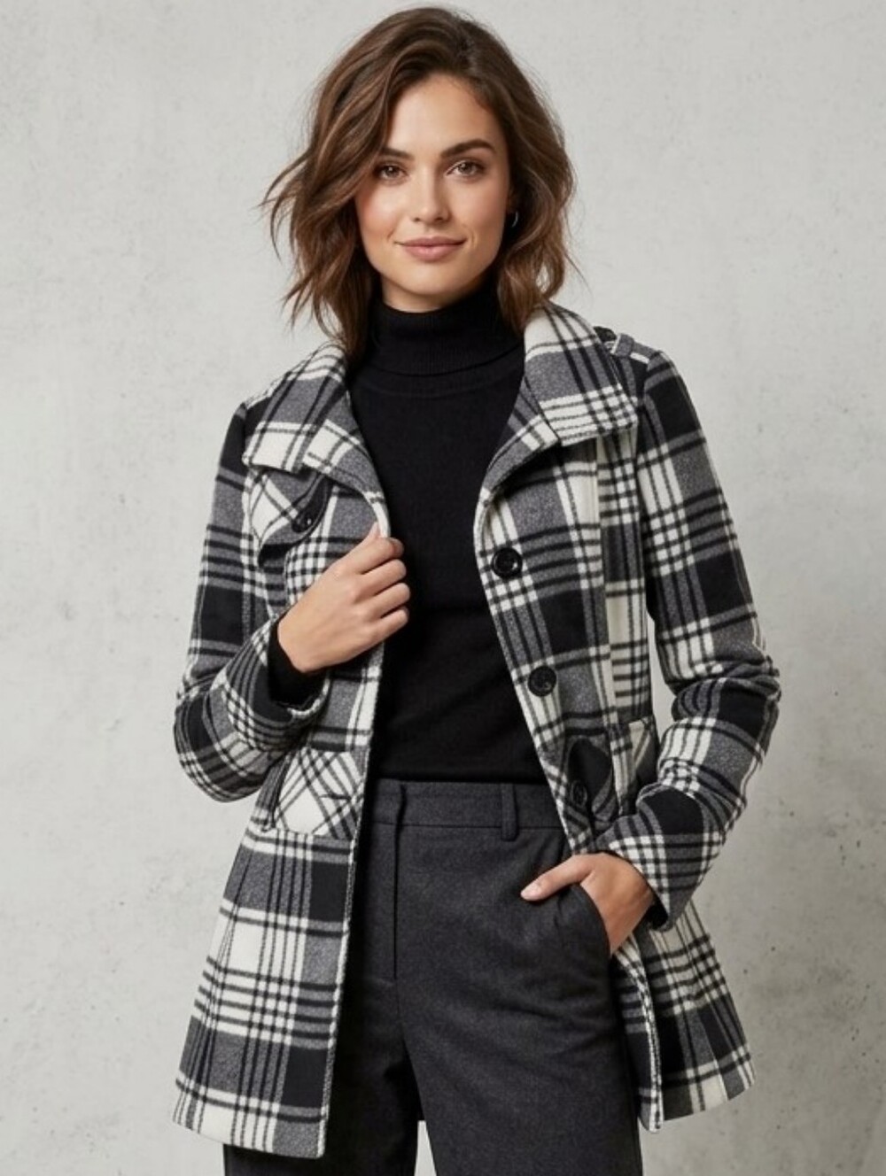 Poetry Womens Black and White Plaid Pea Coat Size L